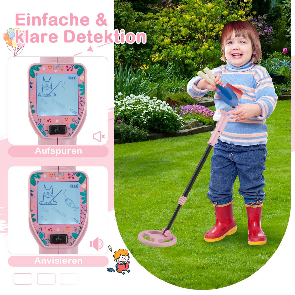 Kids Metal Detector, Adjustable 62–85 cm, LCD, Pink