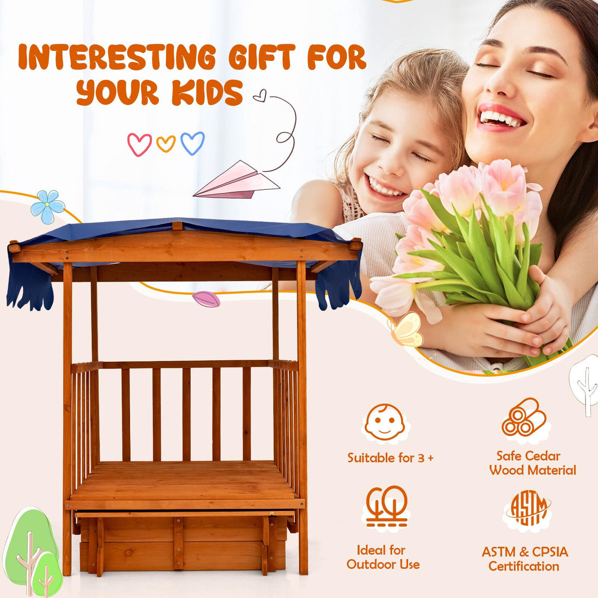 Kids Outdoor Wooden Sandbox with Cover and Wheels