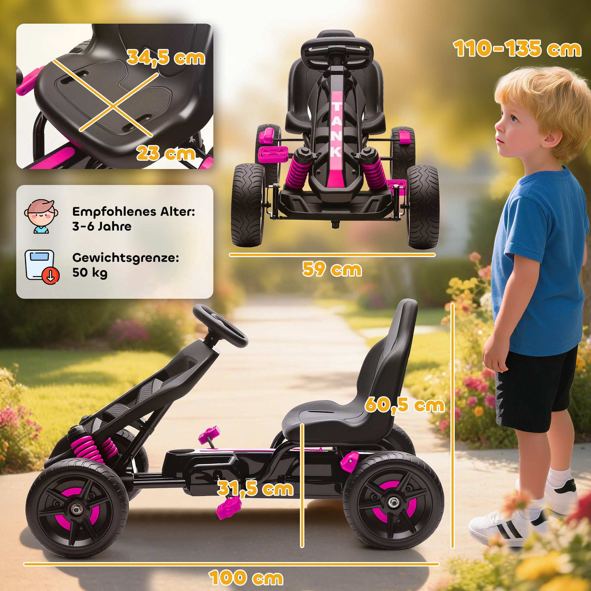 Kids Pedal Go-Kart with Brake, Non-Slip Wheels, Pink