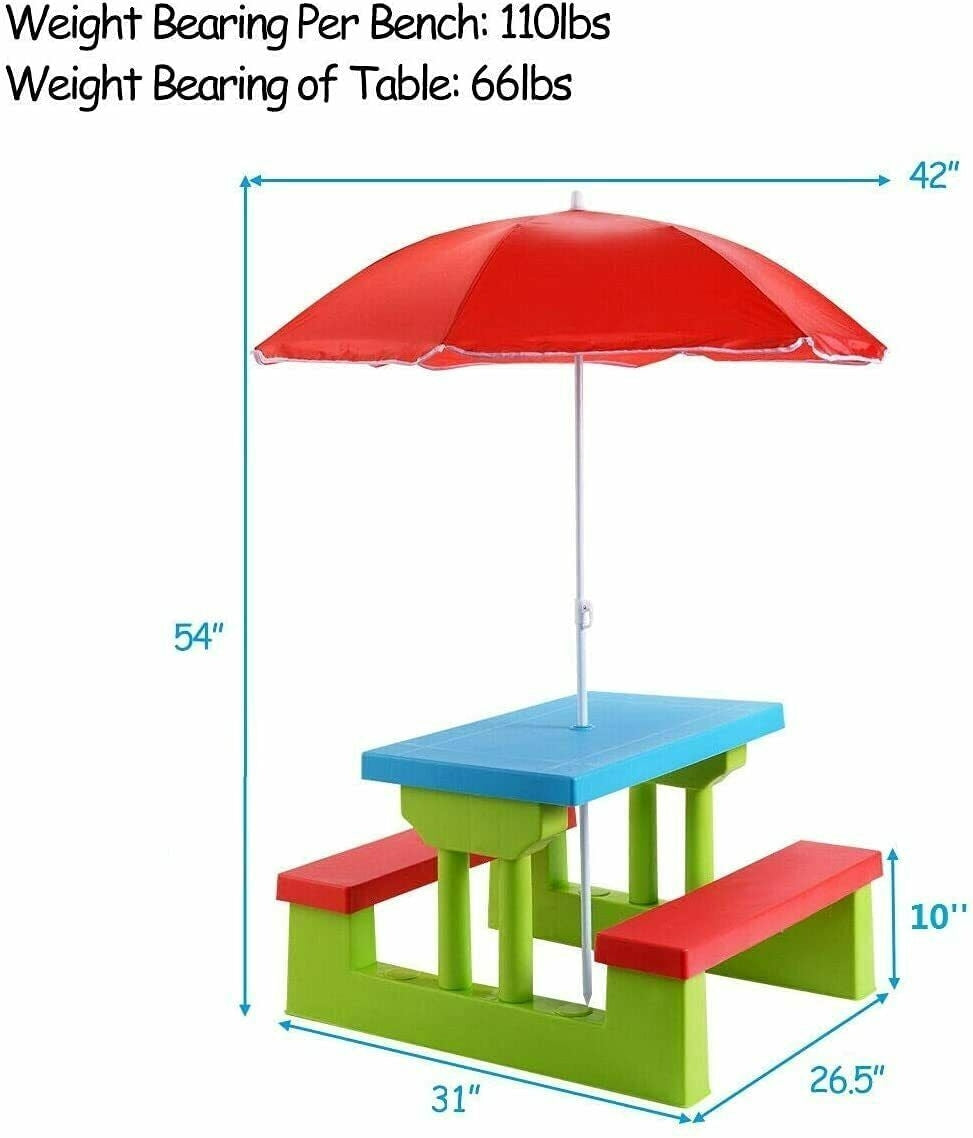 Kids Picnic Table Set With 2 Benches And Umbrella, 4-Seat
