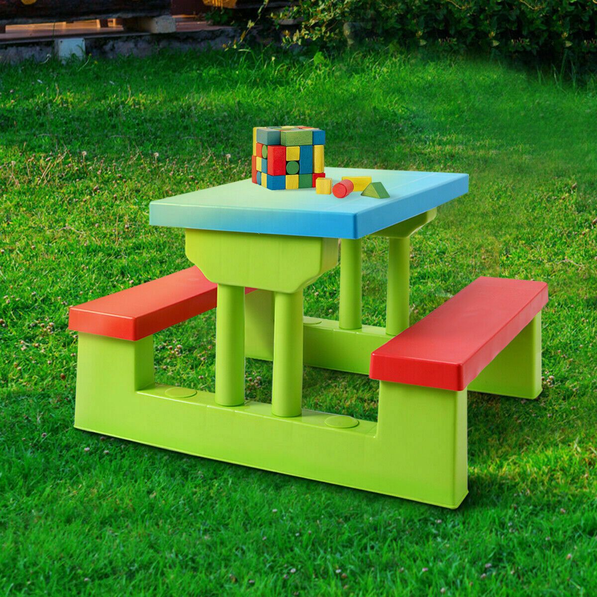 Kids Picnic Table Set With 2 Benches And Umbrella, 4-Seat