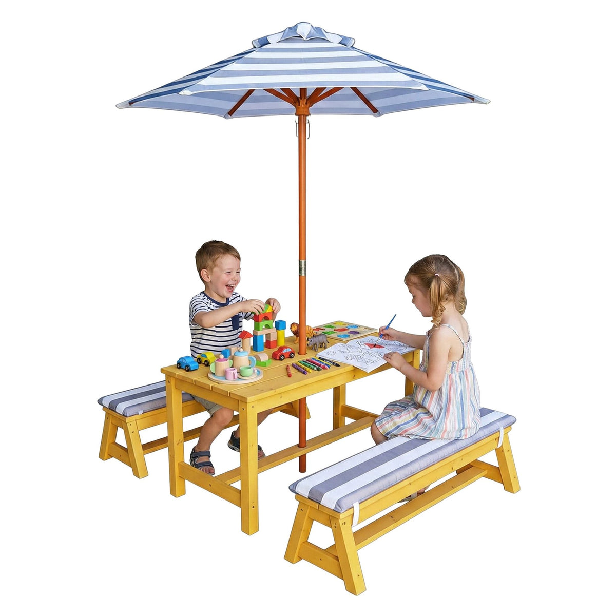 Kids' Picnic Table Set with Parasol and Cushions