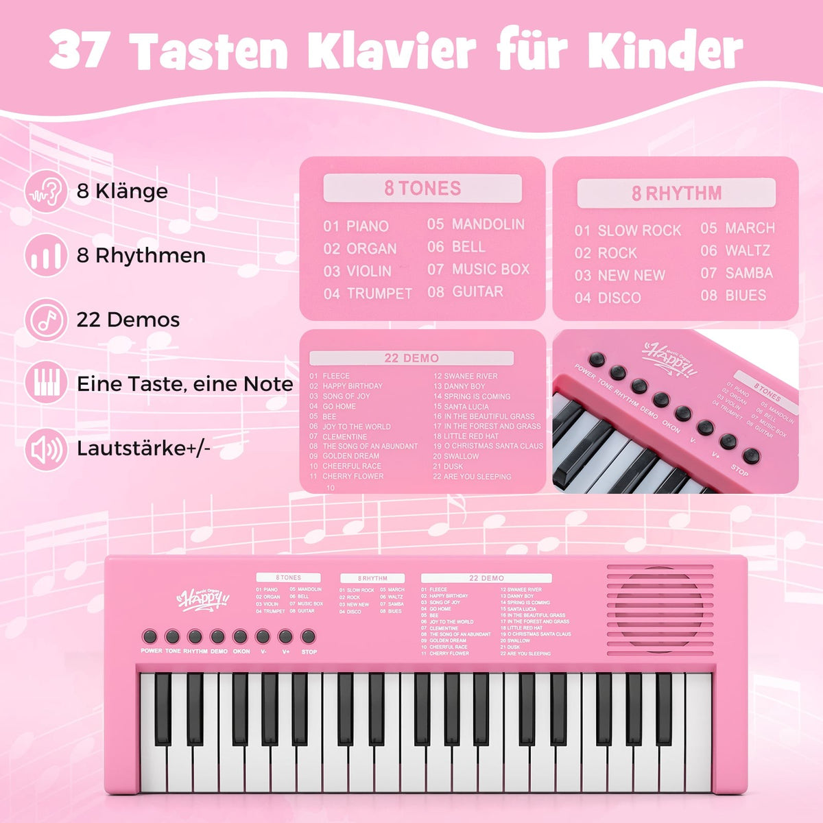 Kids' Pink Keyboard Piano, 37 Keys, 8 Rhythms, USB & Battery