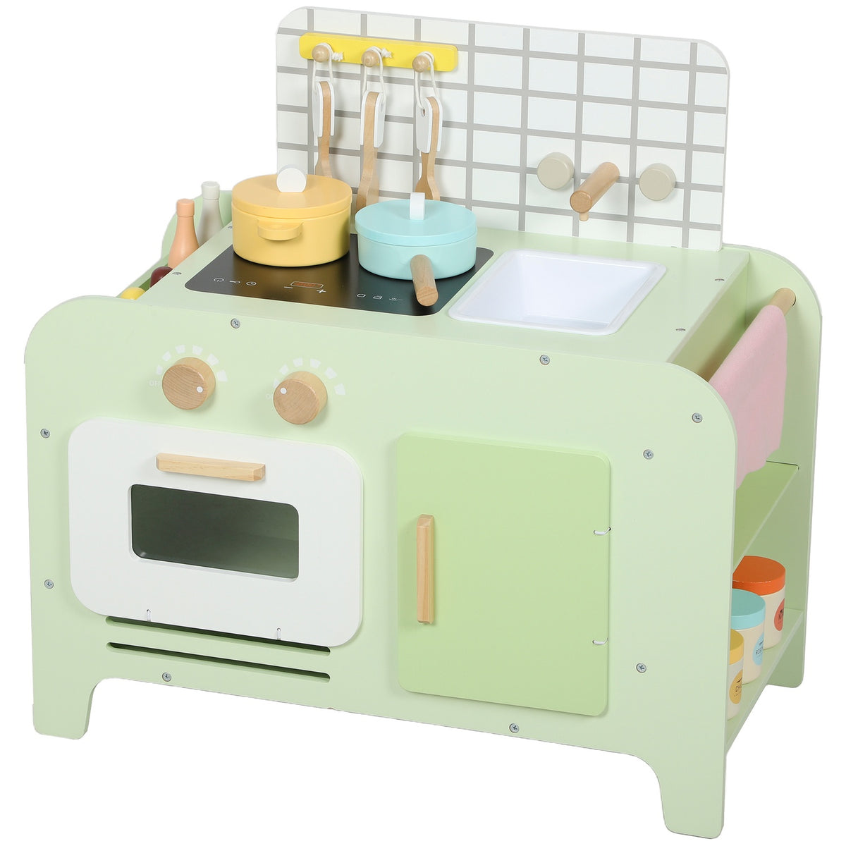 Kids Play Kitchen Set, MDF, 15 Accessories, Green, 40 cm