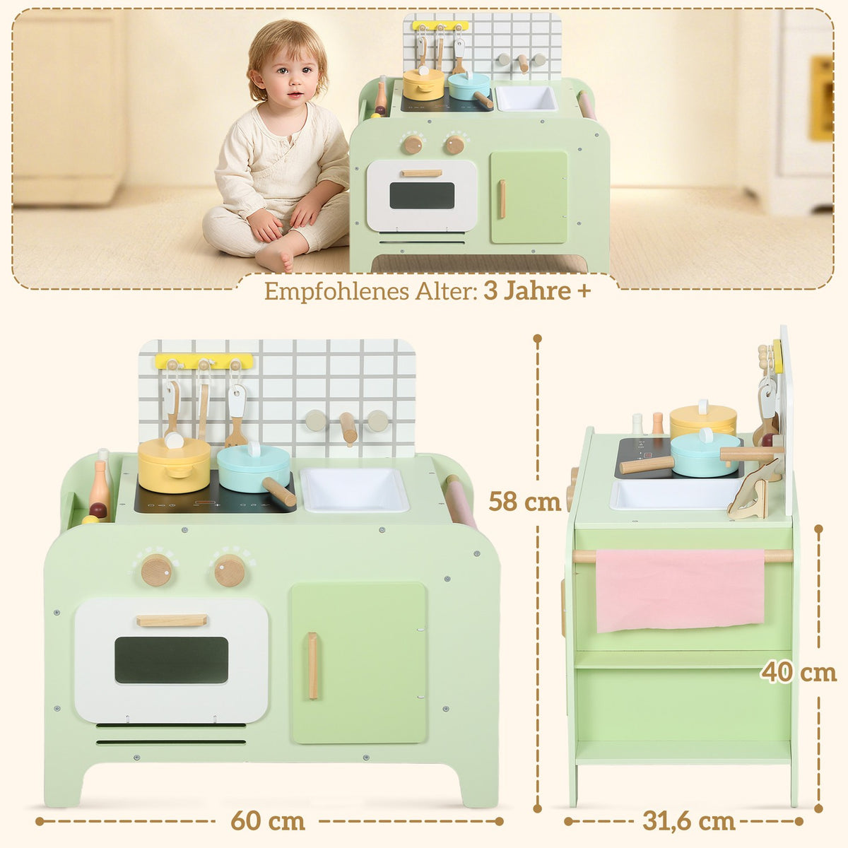 Kids Play Kitchen Set, MDF, 15 Accessories, Green, 40 cm