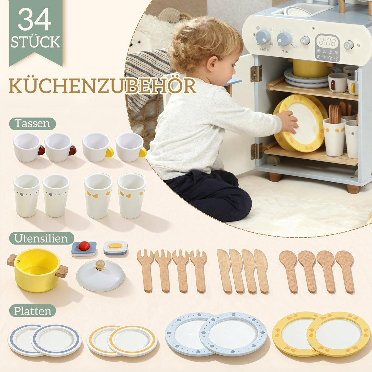 Kids Play Kitchen Set, Wooden Dishwasher, 32 Accessories, MDF