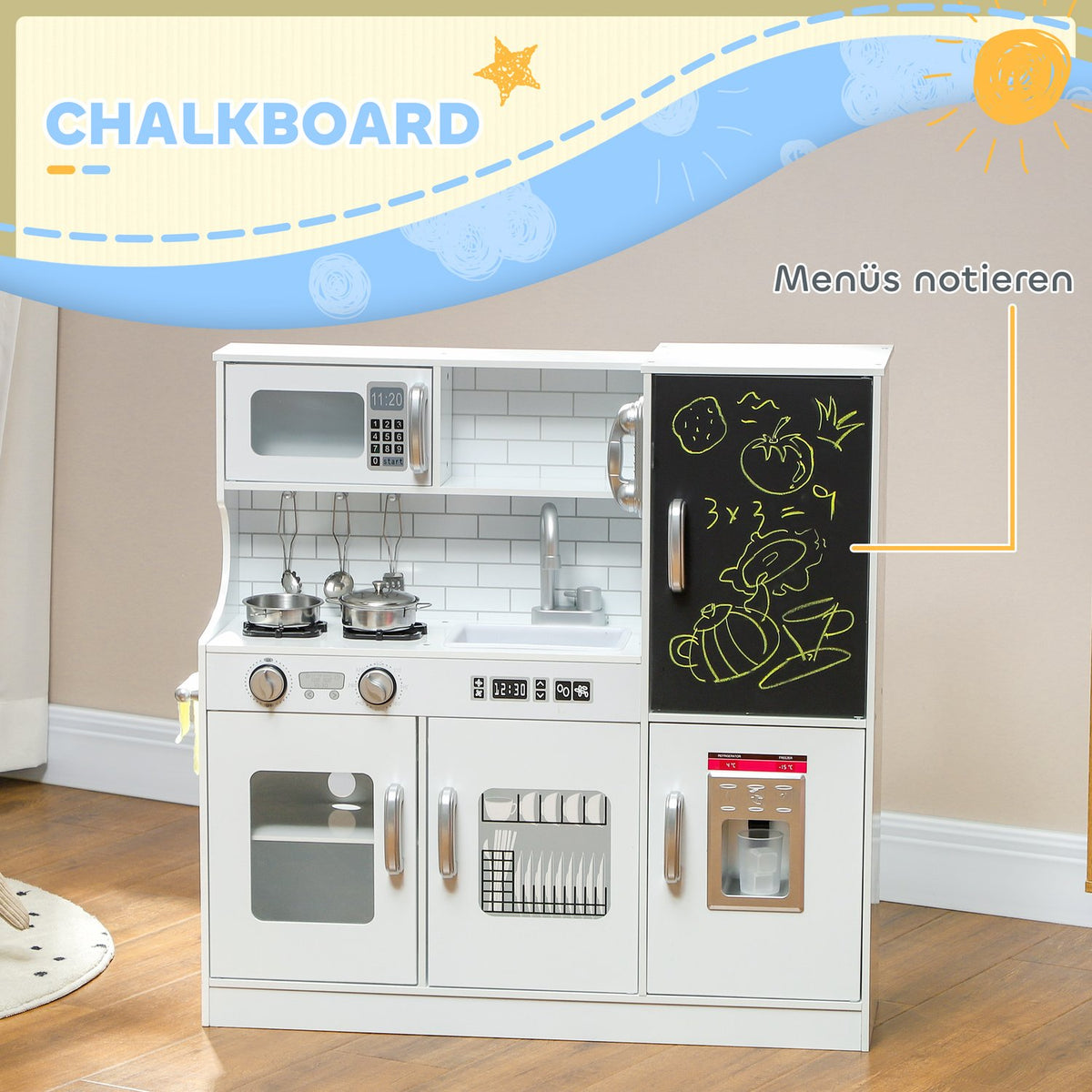 Kids Play Kitchen with Chalkboard, Microwave, Ice Maker