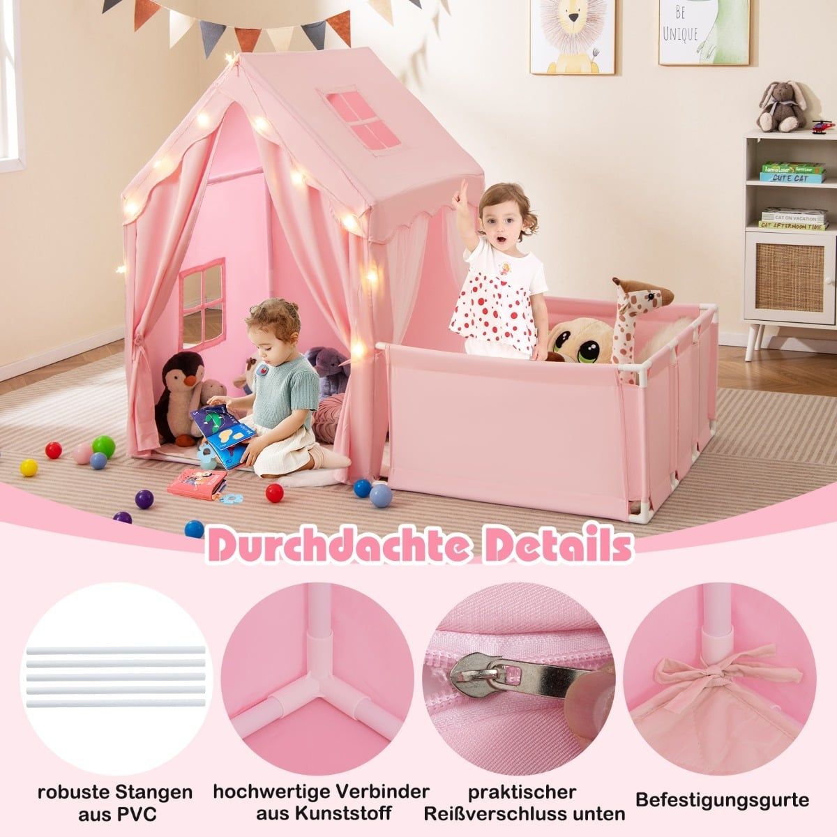 Kids Play Tent & Playpen with Lights, Washable Mat