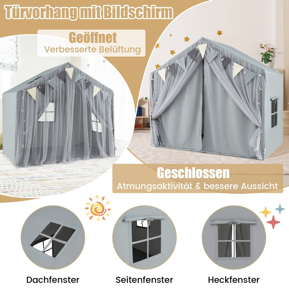 Kids Play Tent with Curtains, Star Lights, and Banners