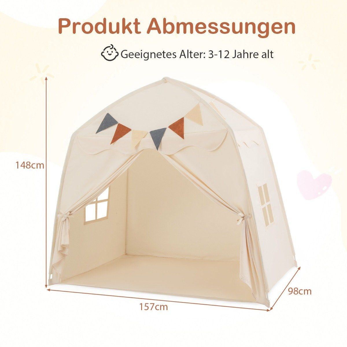Kids Play Tent with Flags & Lights, Large Beige Playhouse