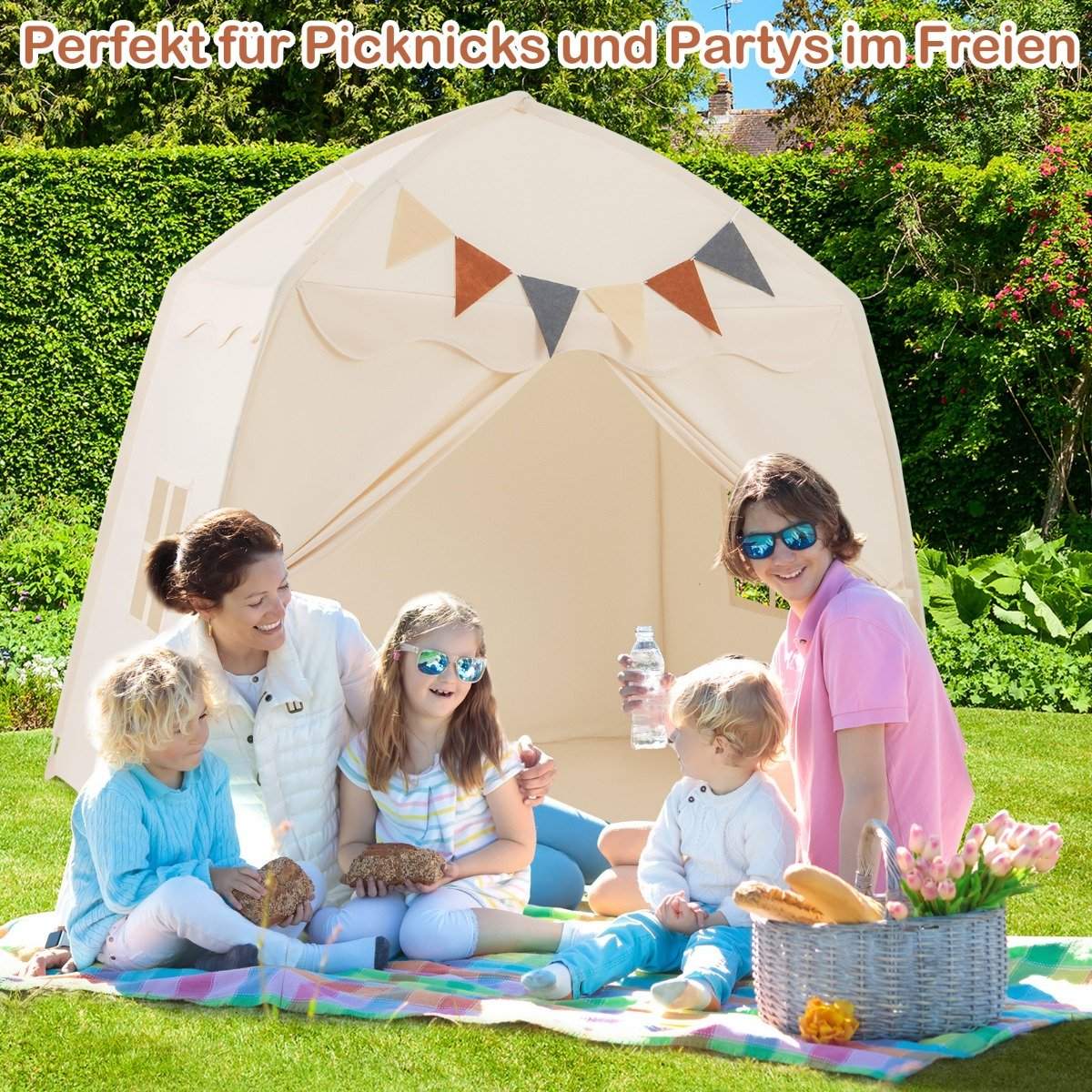 Kids Play Tent with Flags & Lights, Large Beige Playhouse