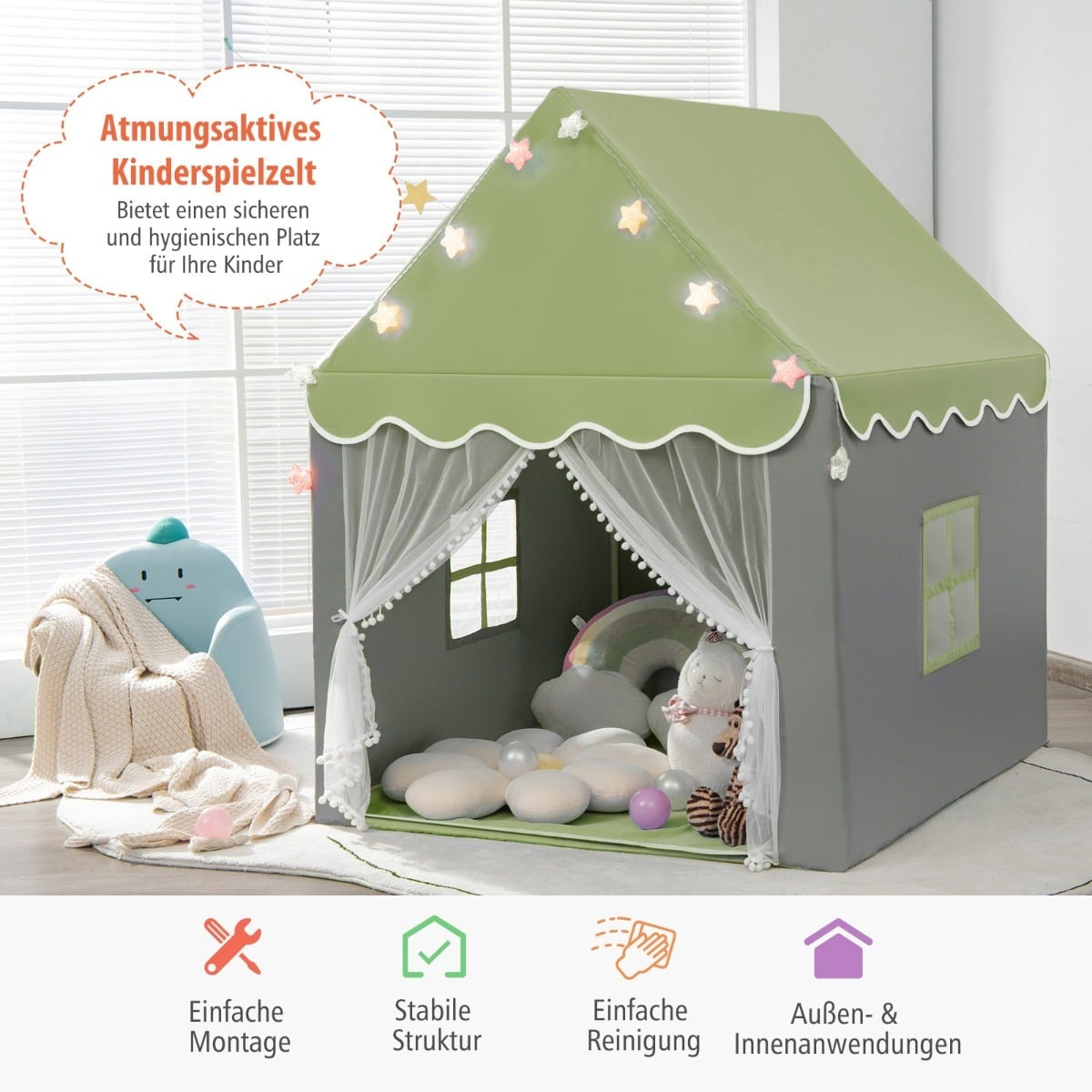 Kids Play Tent with Washable Mat & Star Lights, 105x121x136 cm