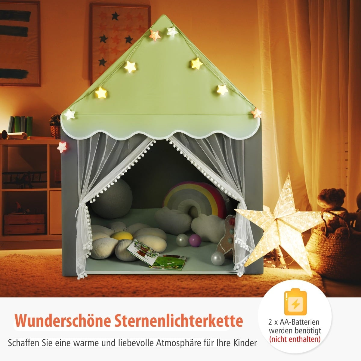 Kids Play Tent with Washable Mat & Star Lights, 105x121x136 cm