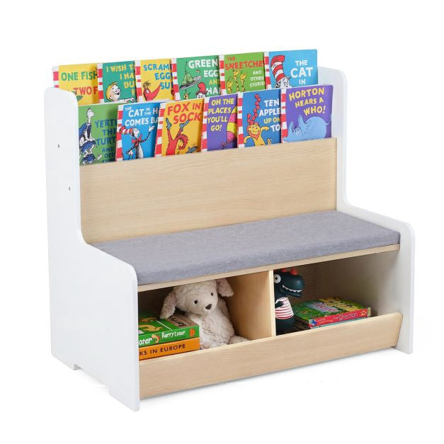 Kids Reading Nook Bench, Bookshelf With 2 Cubbies, White