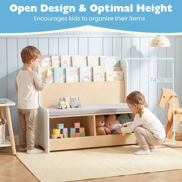 Kids Reading Nook Bench, Bookshelf With 2 Cubbies, White