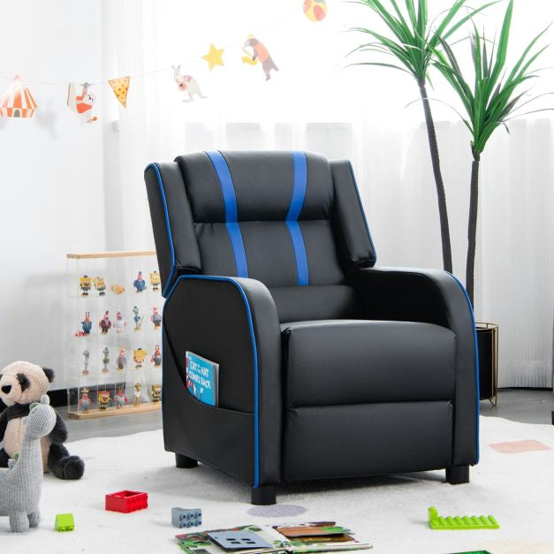 Kids Recliner Chair With Footrest, Side Pockets, Blue