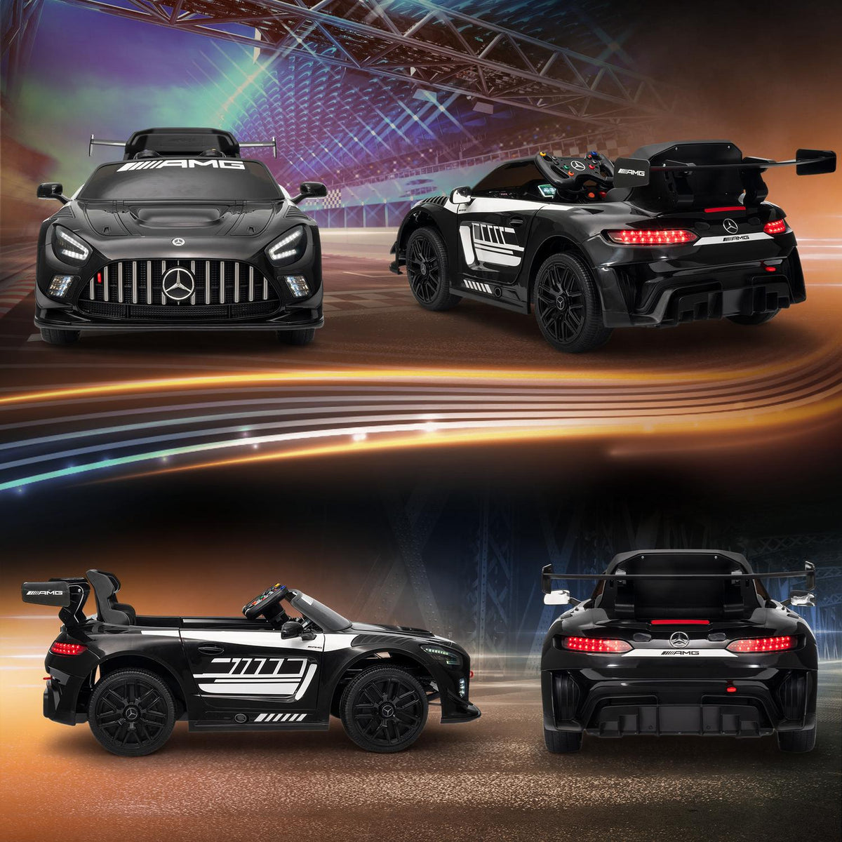 Kids Ride-On Car, 12V Battery, LED Lights, Music, Black