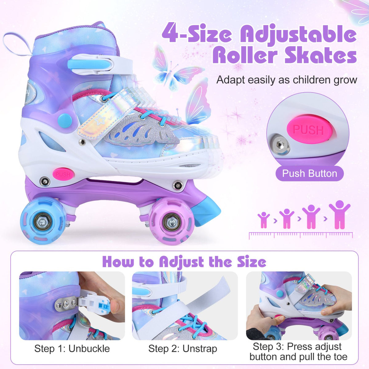 Kids Roller Skates, Adjustable, Light-Up Wheels, Ages 7-9, Blue
