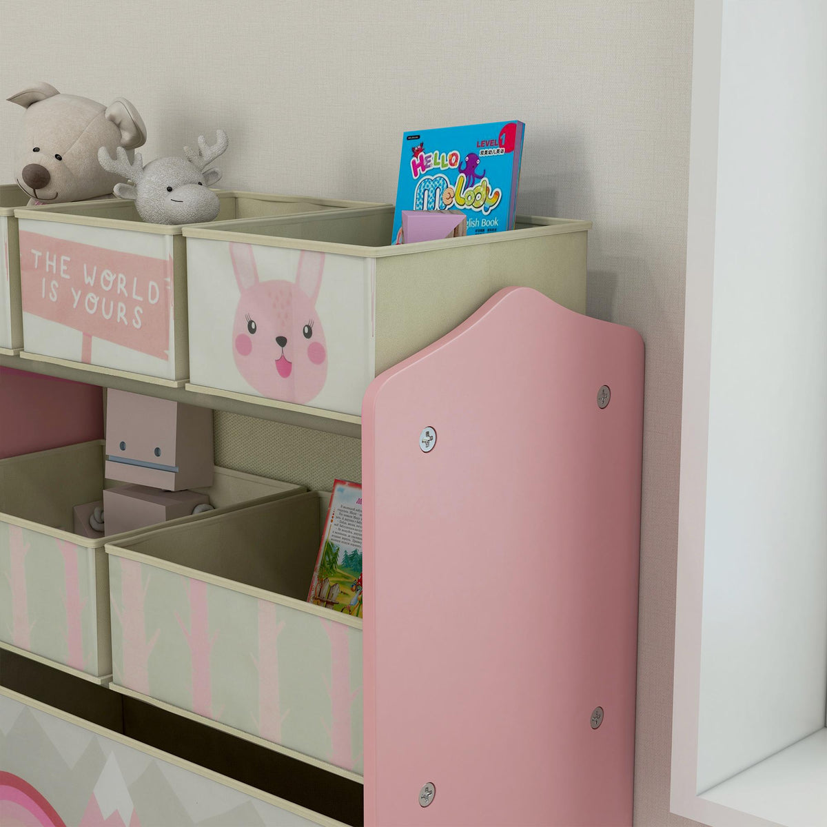 Kids Storage Cabinet with 6 Fabric Boxes, Pink, 63x30x66 cm