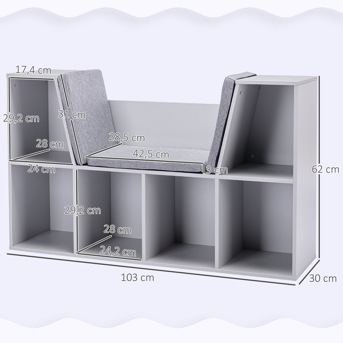 Kids Storage Shelf and Bench with Cushion, White/Grey