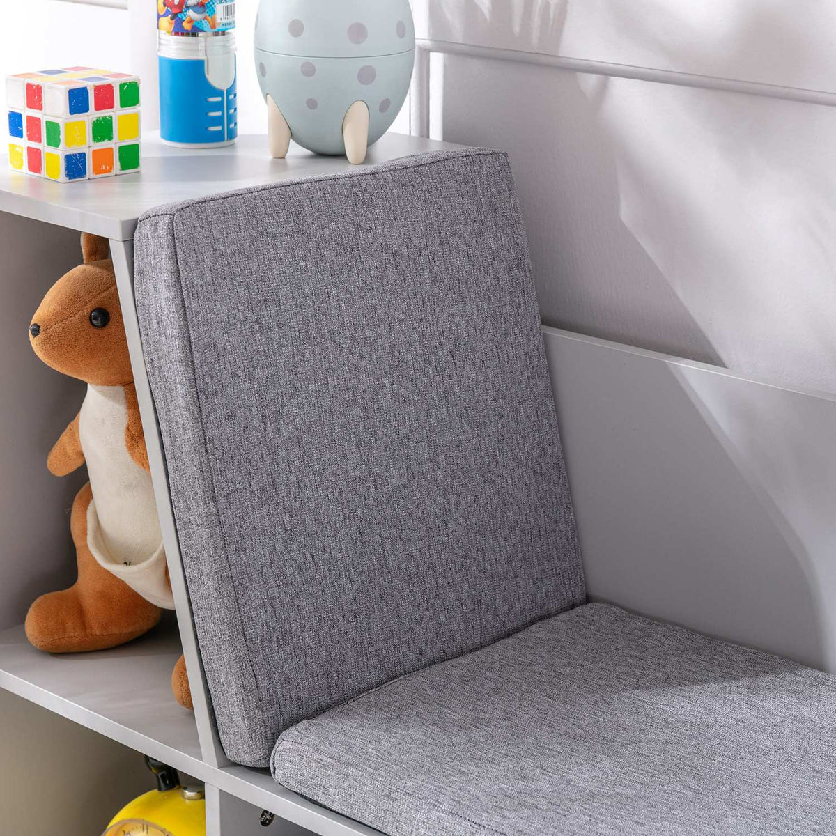 Kids Storage Shelf and Bench with Cushion, White/Grey