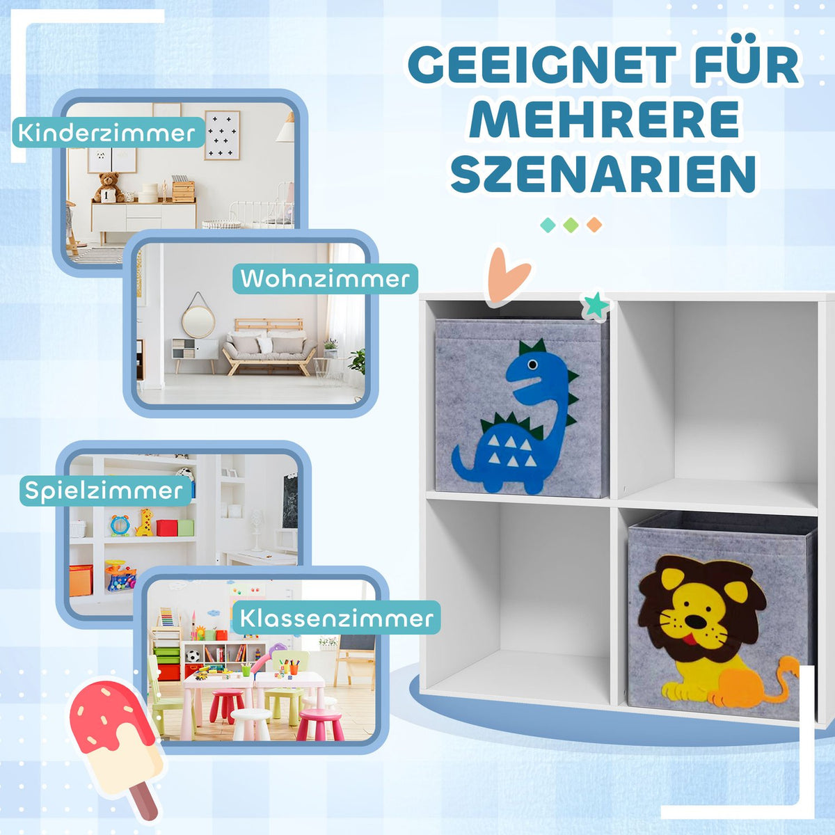 Kids Storage Shelf with Cubes and Drawers, MDF, White