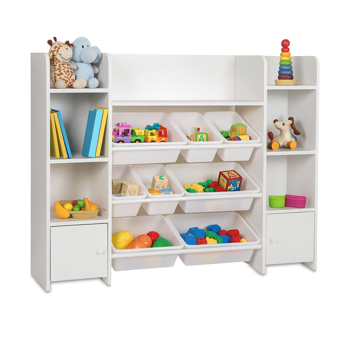 Kids Storage Unit With 8 Bins, White Toy And Book Shelf