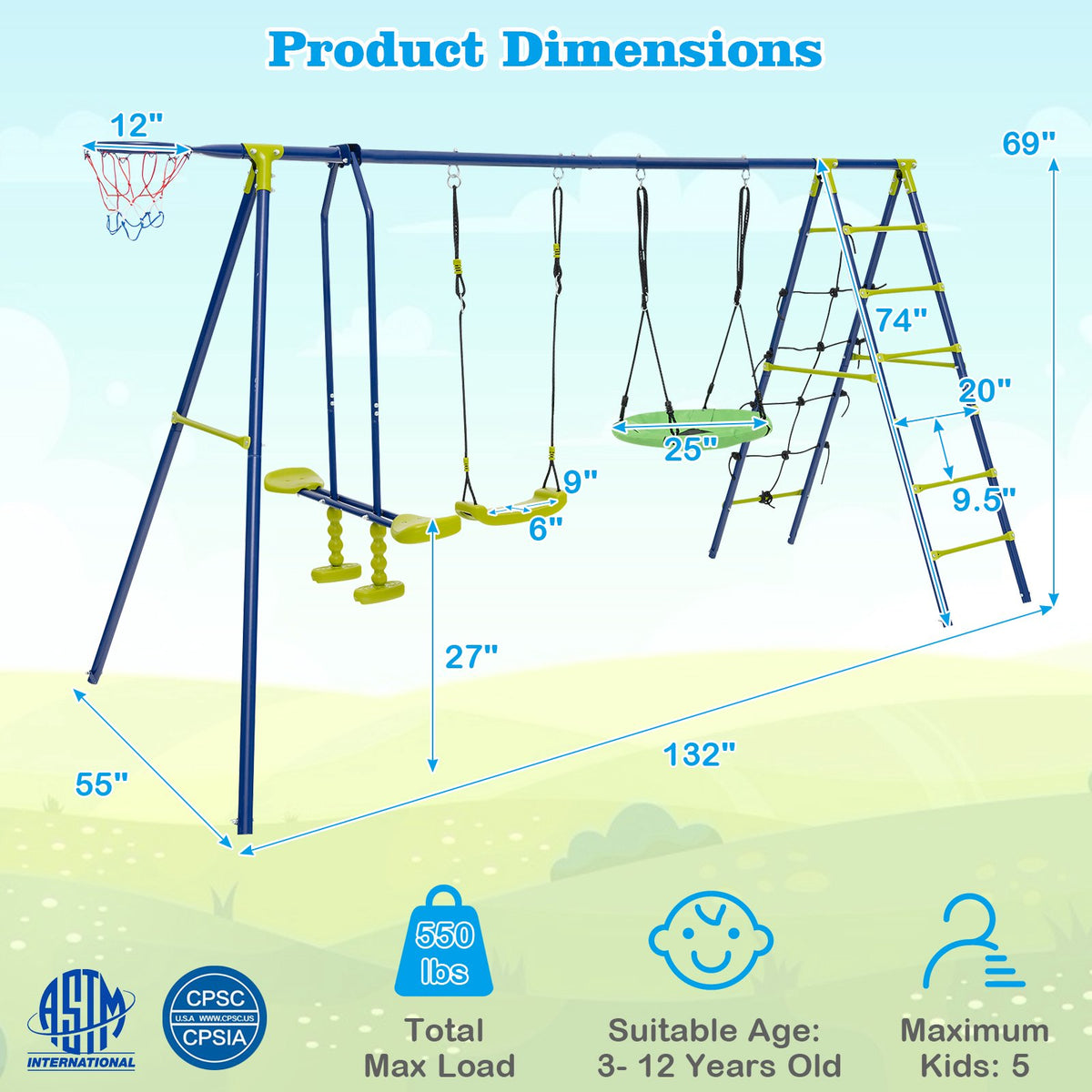Kids Swing Set 6-in-1, Climbing Net, 550 lb Capacity