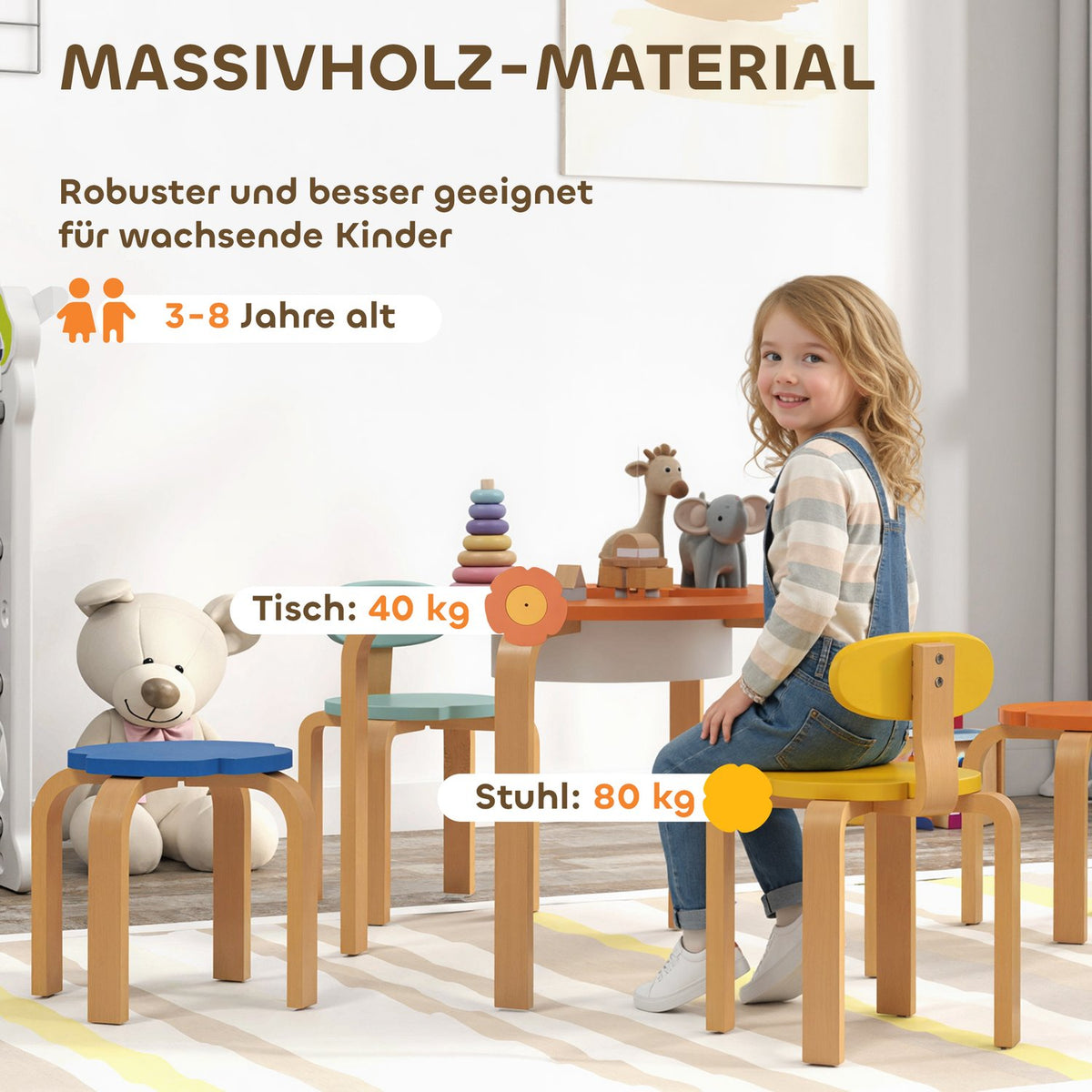 Kids Table & Chair Set, 5-Piece, Flower Shape, Wood