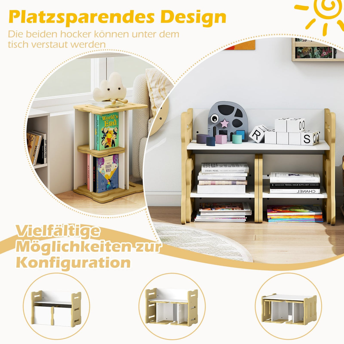 Kids Table & Chair Set with 2 Stools, Rounded Corners