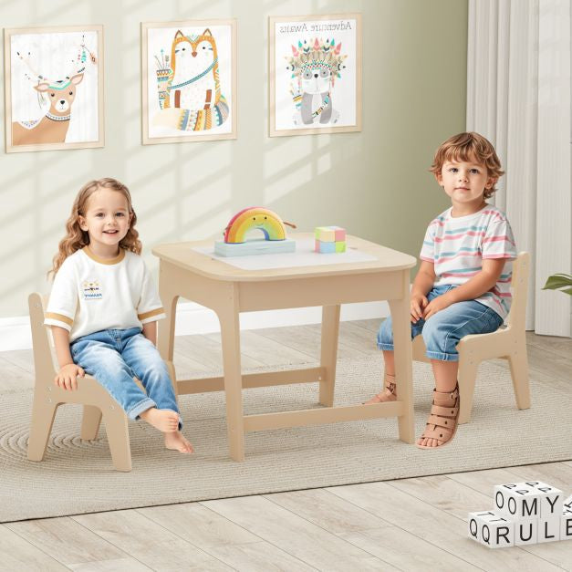 Kids Table and 2 Chairs Set, Chalkboard Whiteboard Top, Storage