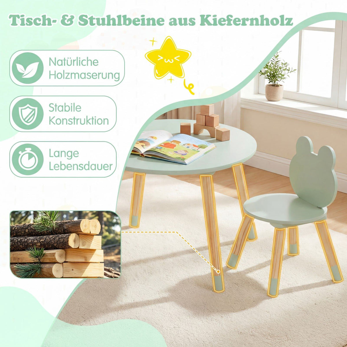 Kids Table and 2 Chairs Set, Green, Pine Wood