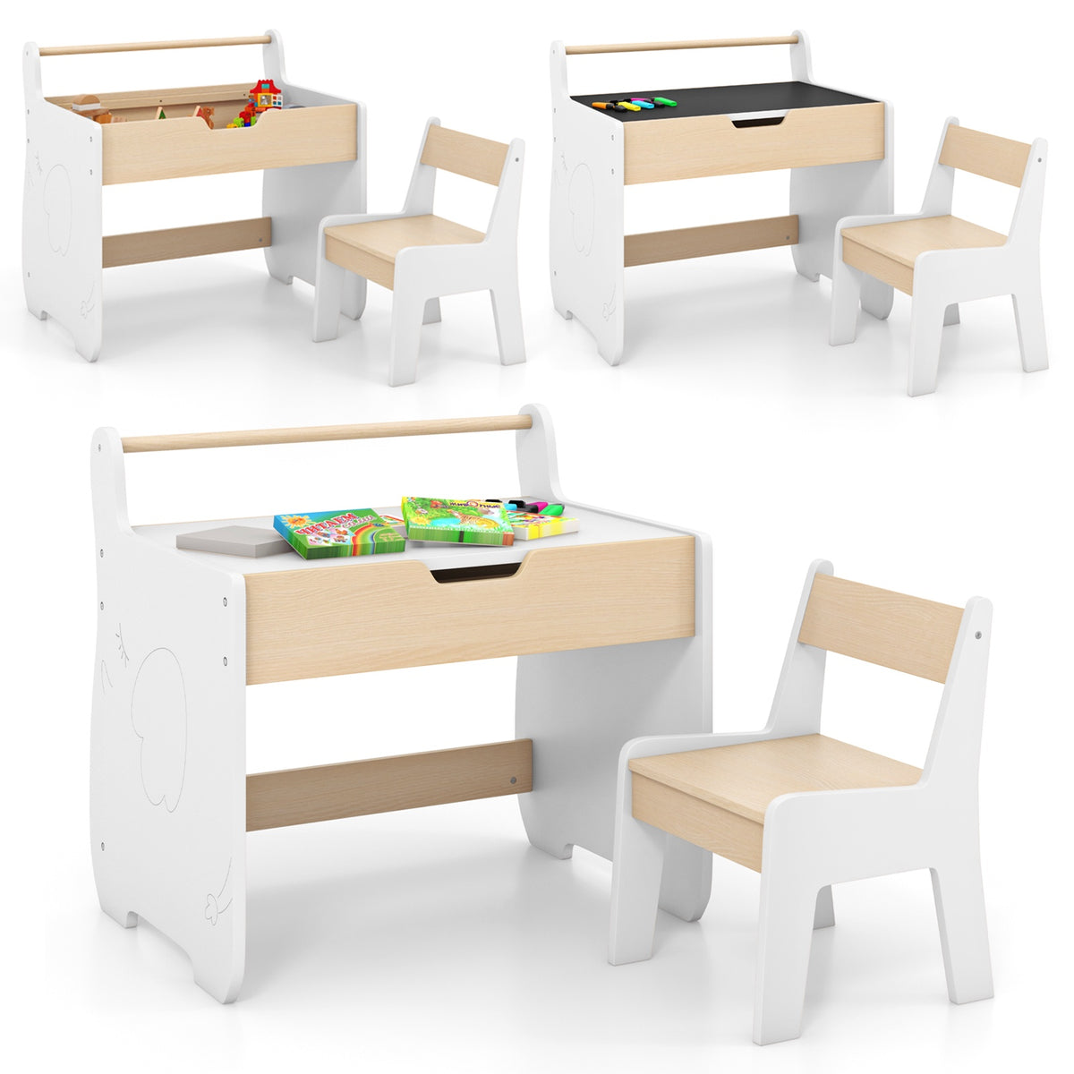 Kids Table and Chair Set – 2-in-1 Detachable Top, Chalkboard, Storage