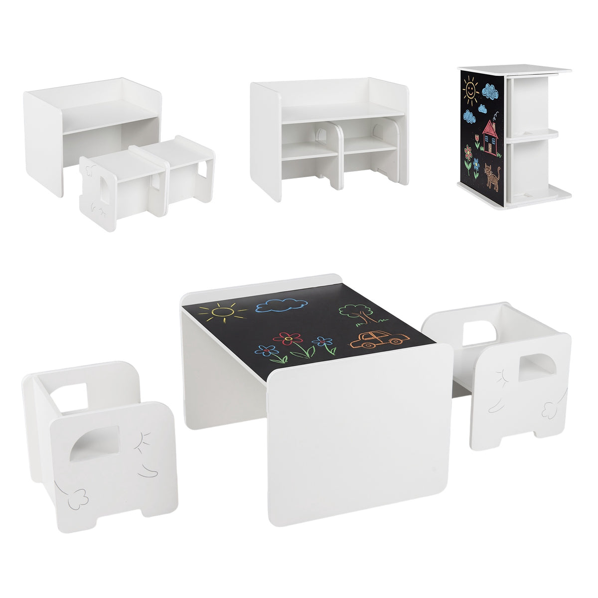 Kids Table and Chair Set, 3-Piece, Chalkboard, White