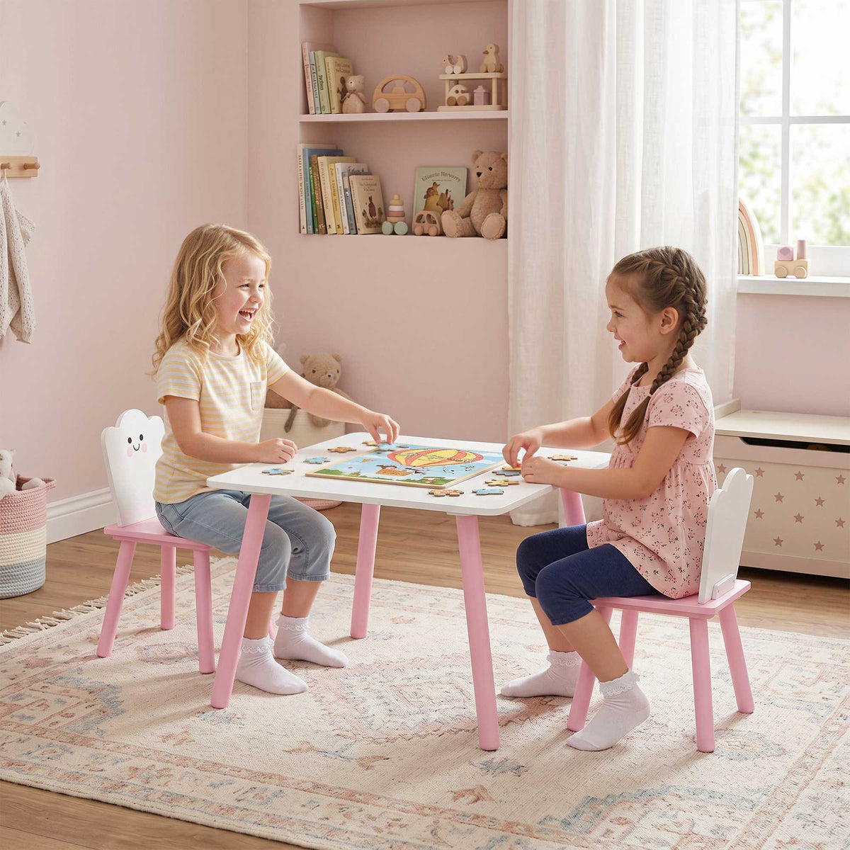 Kids Table and Chair Set, 3-Piece, Pink and White