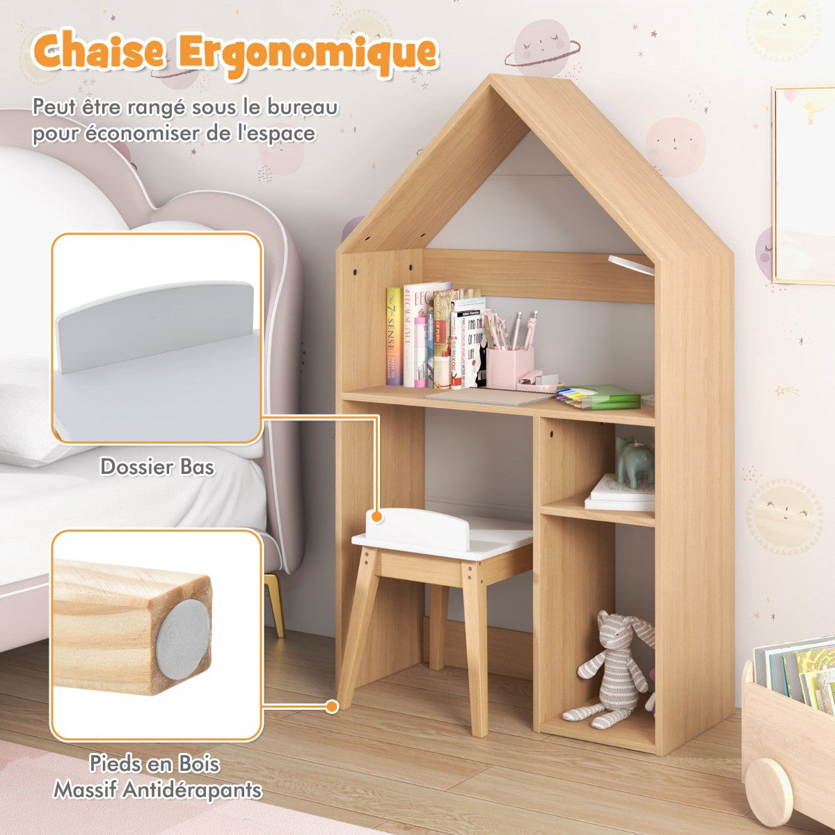 Kids Table and Chair Set with Blackboard, House Shape, White