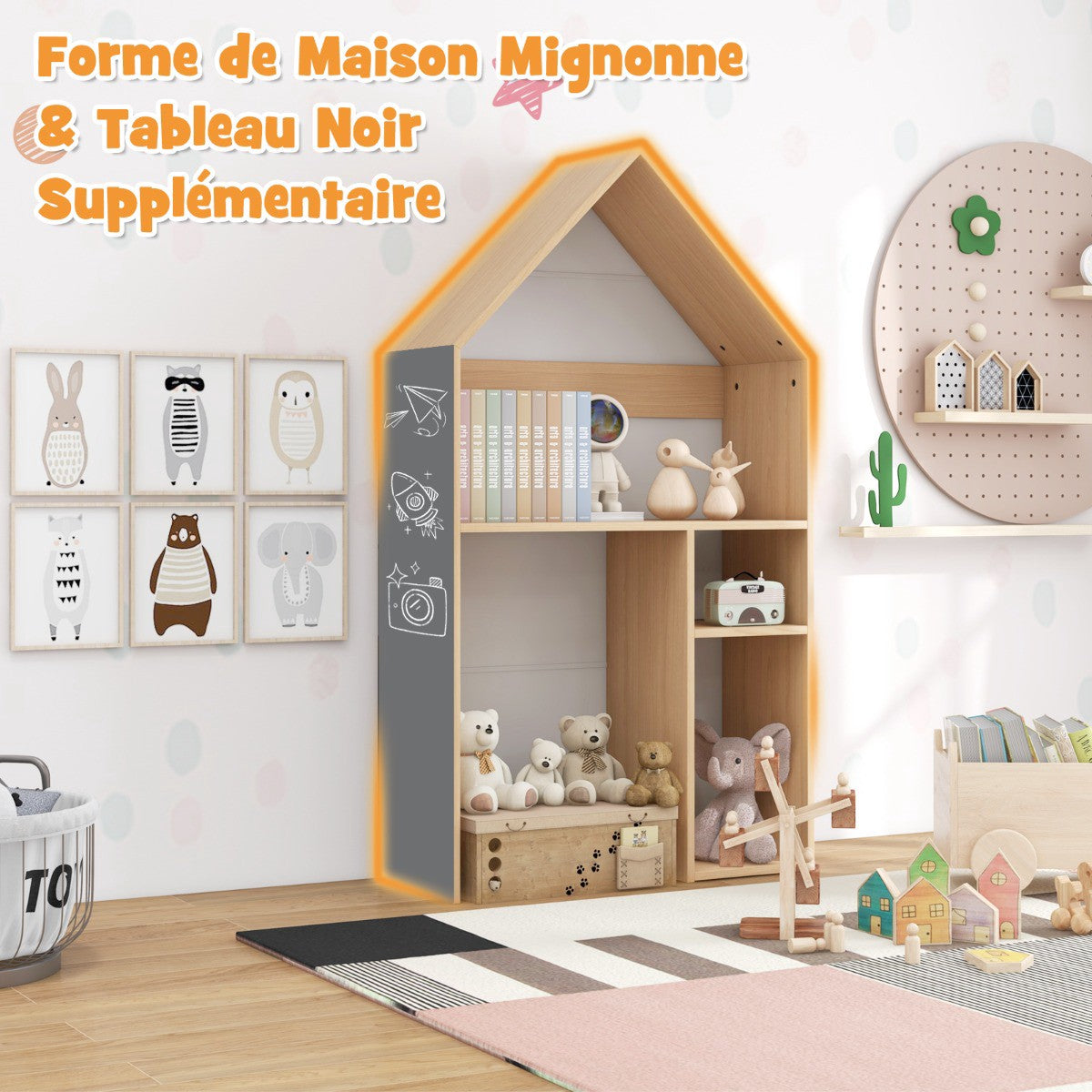 Kids Table and Chair Set with Blackboard, House Shape, White