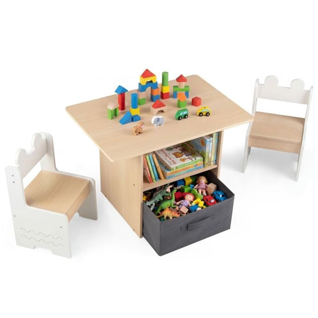Kids Table and Chairs Set, Wooden with Storage Drawer, White