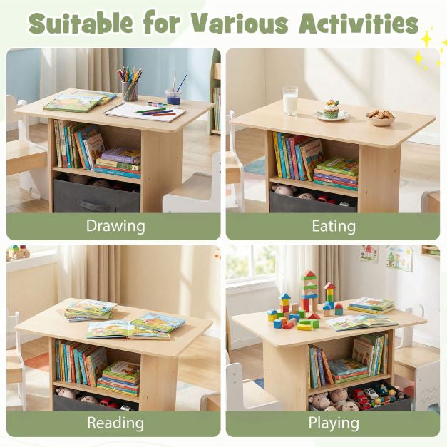 Kids Table and Chairs Set, Wooden with Storage Drawer, White