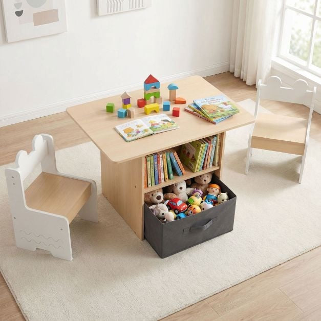 Kids Table and Chairs Set, Wooden with Storage Drawer, White