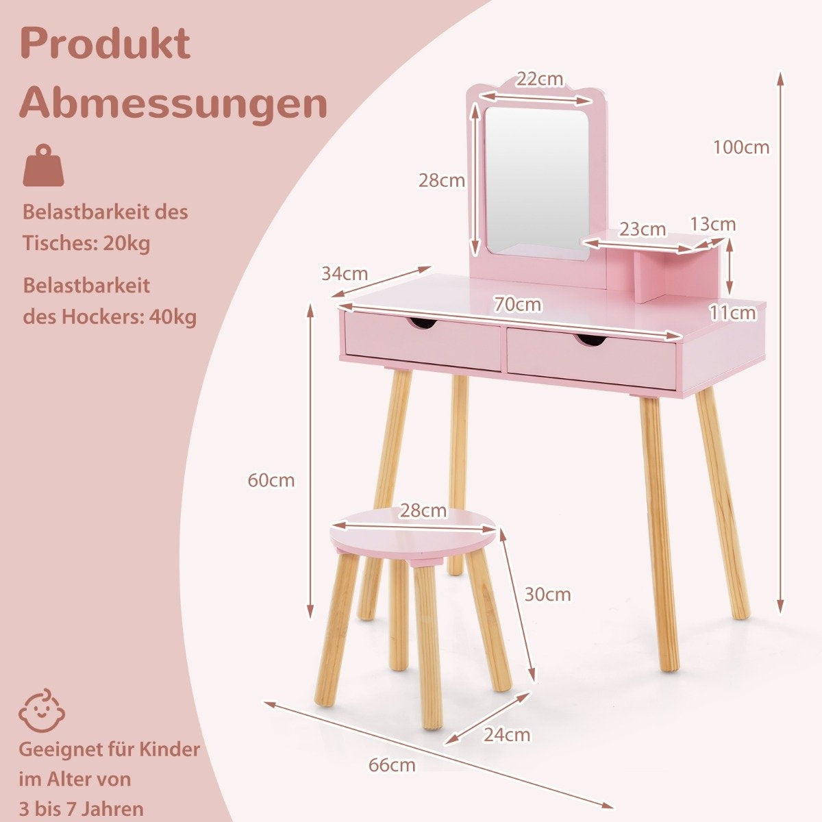 Kids Vanity & Desk Set with Removable Mirror, Pink