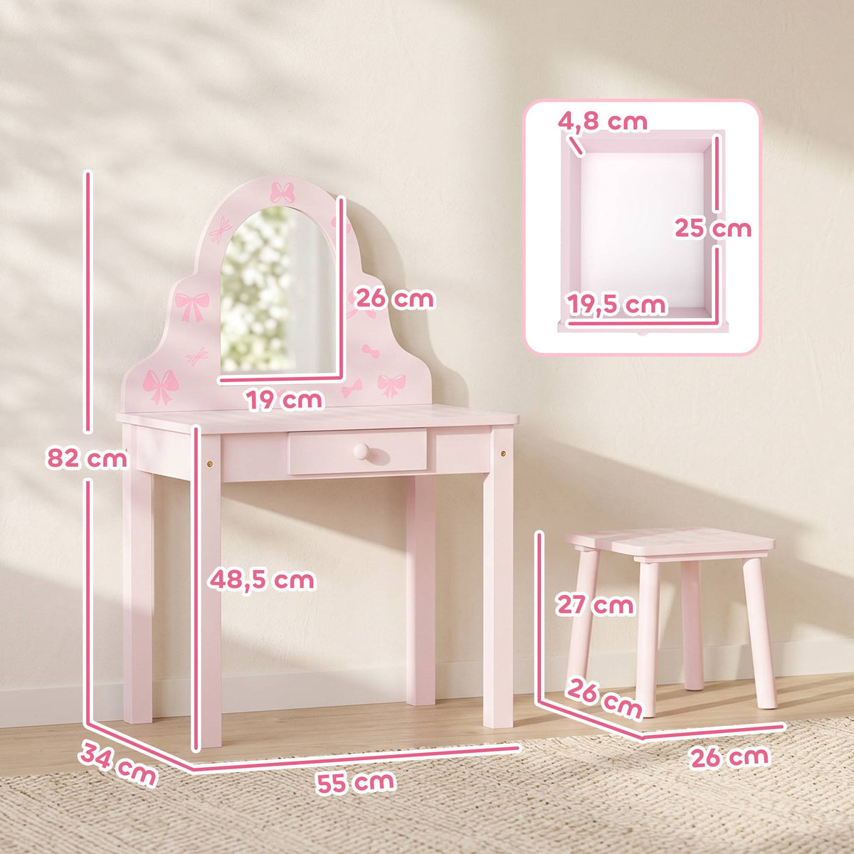 Kids Vanity & Desk Set with Stool, Pink & White, Ages 3-6