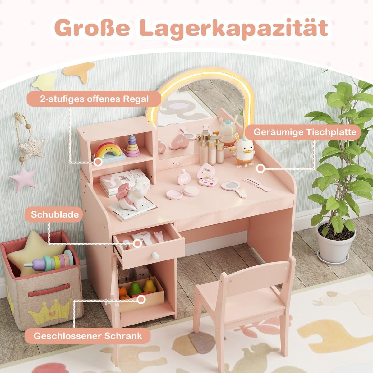 Kids Vanity Set with LED Mirror, Stool, and Storage