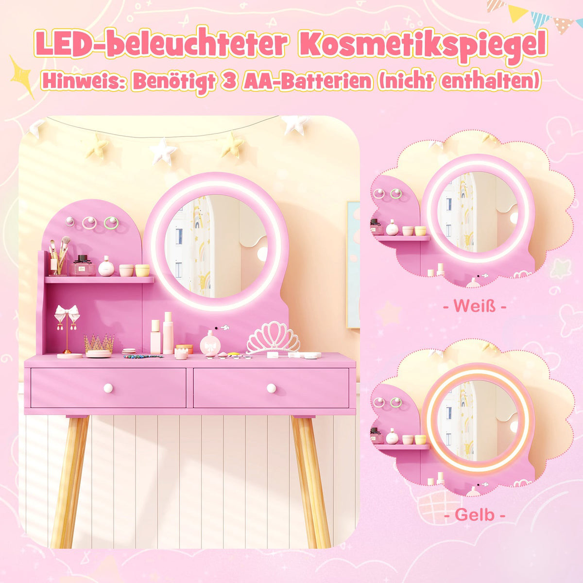 Kids Vanity Set with Lighted Mirror, Pink Princess Theme