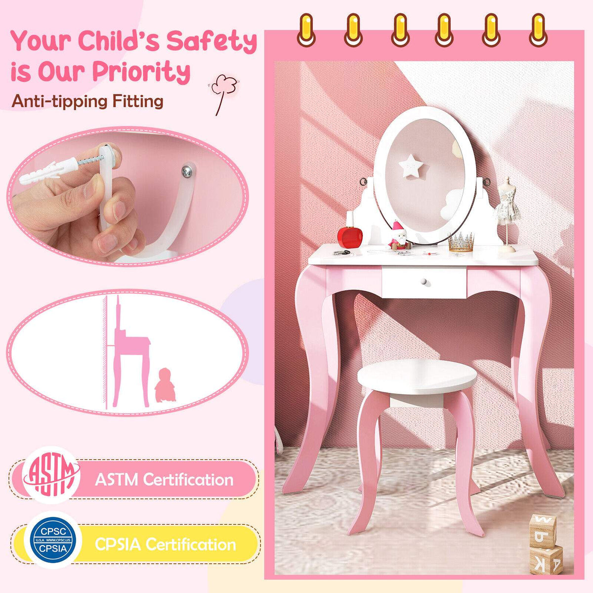 Kids Vanity Set with Rotating Mirror, Stool, Pink White