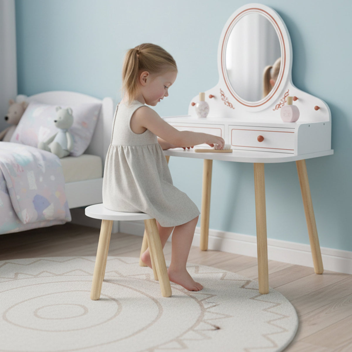 Kids Vanity Set with Stool, Mirror, and Storage