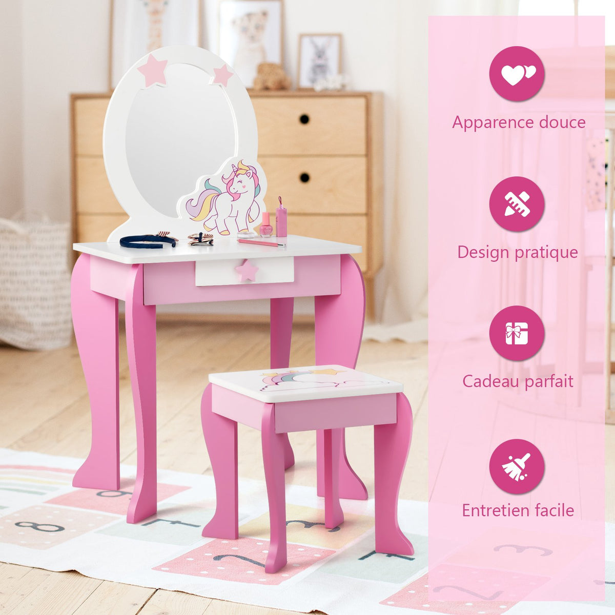 Kids Vanity Table Set With Mirror, Stool and Drawer