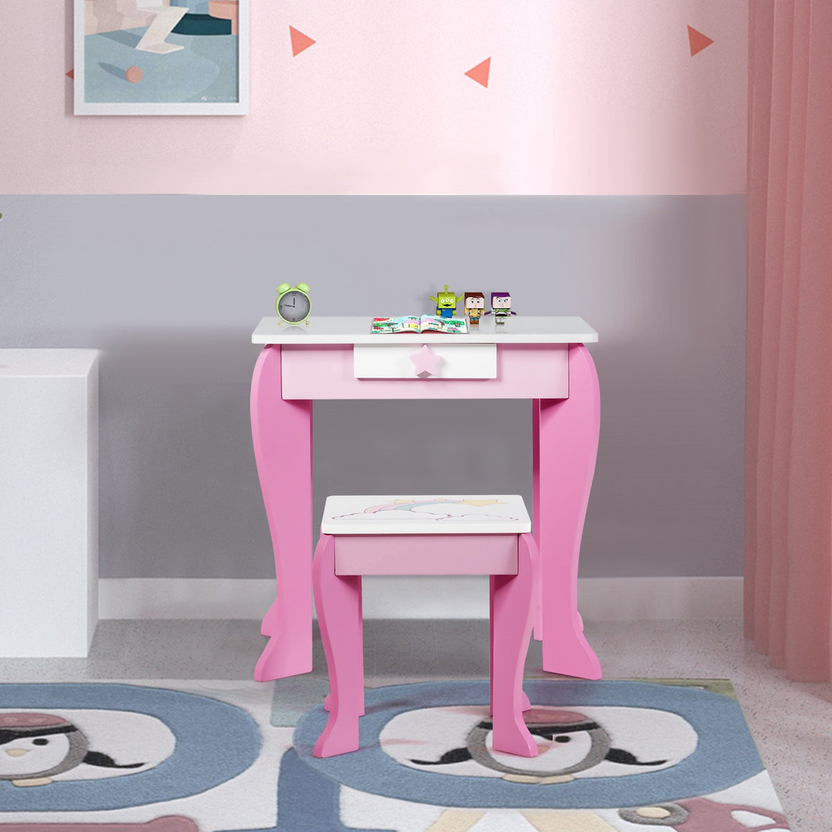Kids Vanity Table Set With Mirror, Stool and Drawer