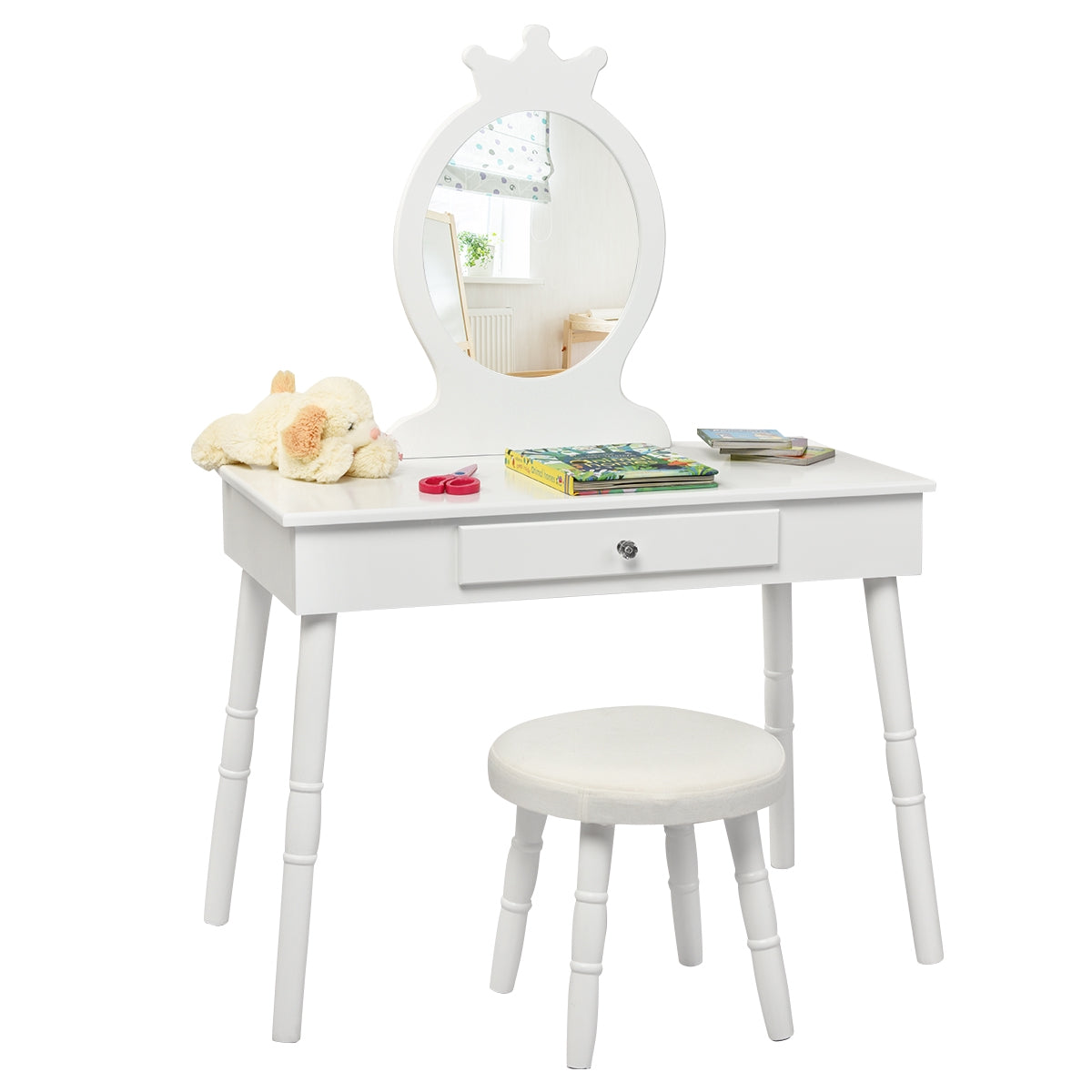 Kids Vanity Table Set With Stool, Mirror, Drawer, White