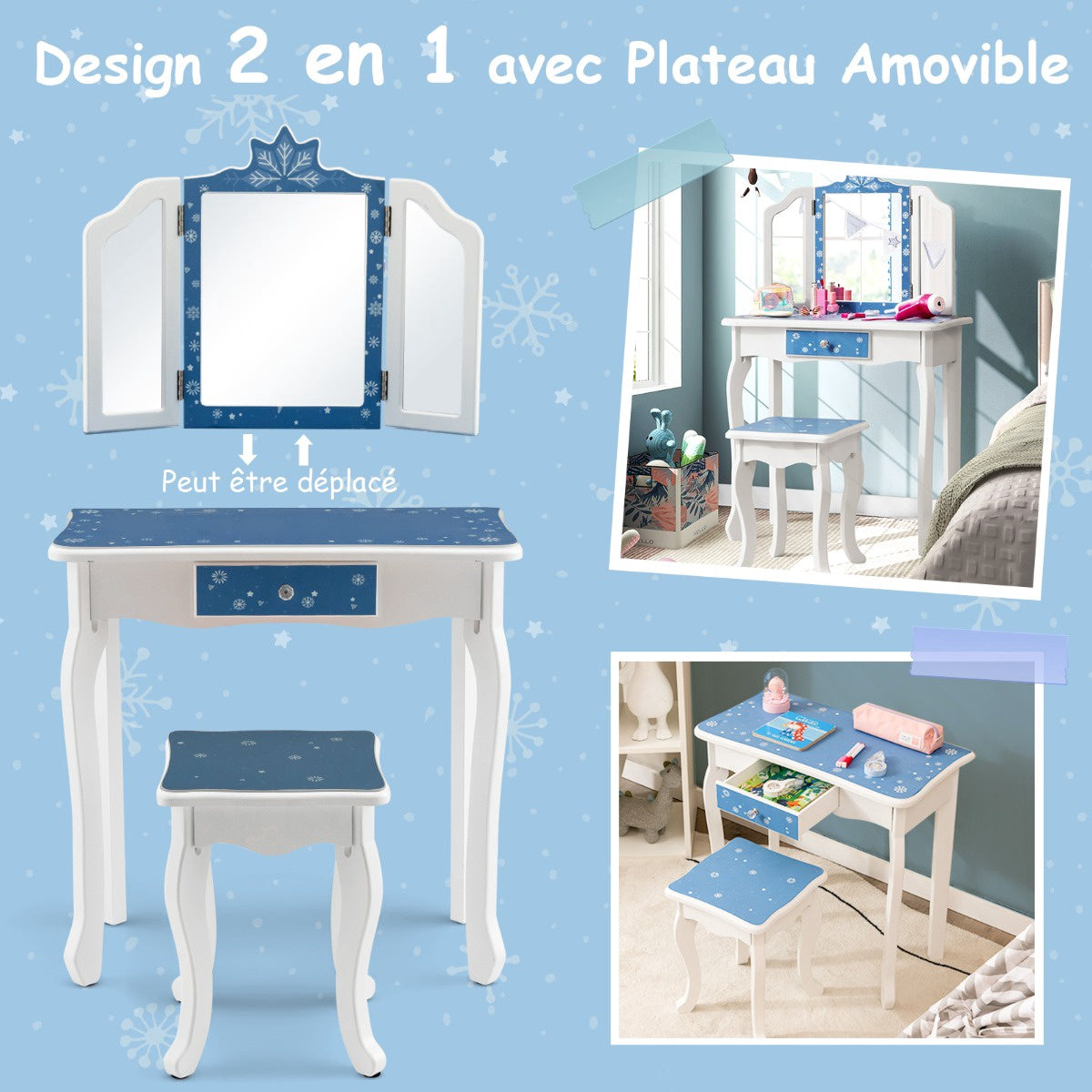 Kids Vanity Table Set With Tri-Fold Mirror, Stool, Blue